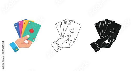 A hand holding playing cards depicted in color outline and striking silhouette
