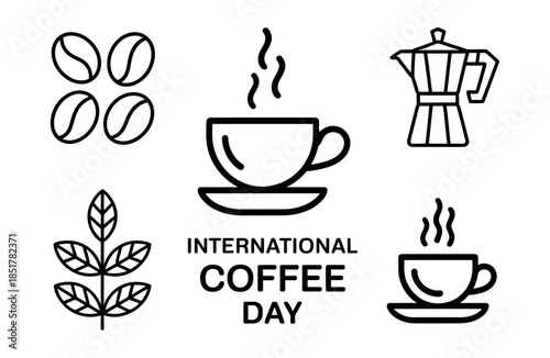 Simple line art icons celebrating International Coffee Day with beans, cups, and a moka pot.