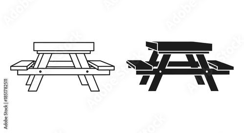 Two picnic tables presented in contrasting line art and bold silhouette