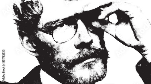 Portrait of a male with glasses and a beard. This set features a modern vector illustration in a black and white style.