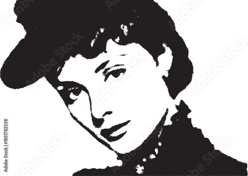 Black and white portrait of a woman with a hat. Simple and elegant vector illustration highlighting strong expression and graphic style.