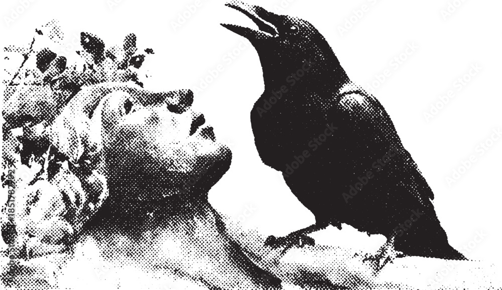 Obraz premium Raven and woman portrait in monochrome. A detailed vector illustration featuring an elegant silhouette and fantasy elements.