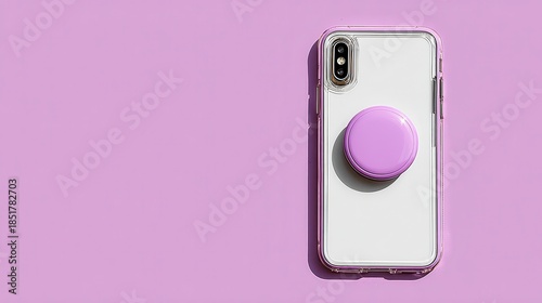 A top down view of a white smartphone with a lavender pop socket attached to its back, set against a solid lavender background with soft shadows.