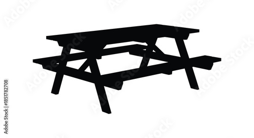 A stark black picnic table outline against a white backdrop a simple silhouette