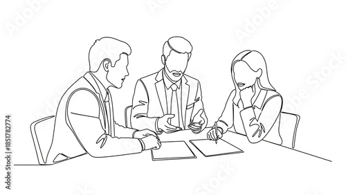 Minimalist one line drawing of three business people in suits having a serious discussion or negotiation around a conference table