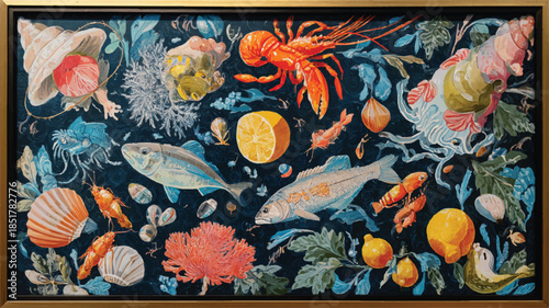 Framed artwork of colorful ocean creatures and fruits on dark blue background