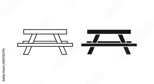 Simple black and white illustration of picnic tables in different styles a dark silhouette