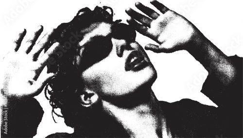 Candid photo of a woman with sunglasses. Black and white portrait in a stylish vector illustration showcasing modern pose and artistic lighting.