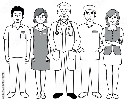 Diverse team of healthcare professionals standing together, ready to provide care.