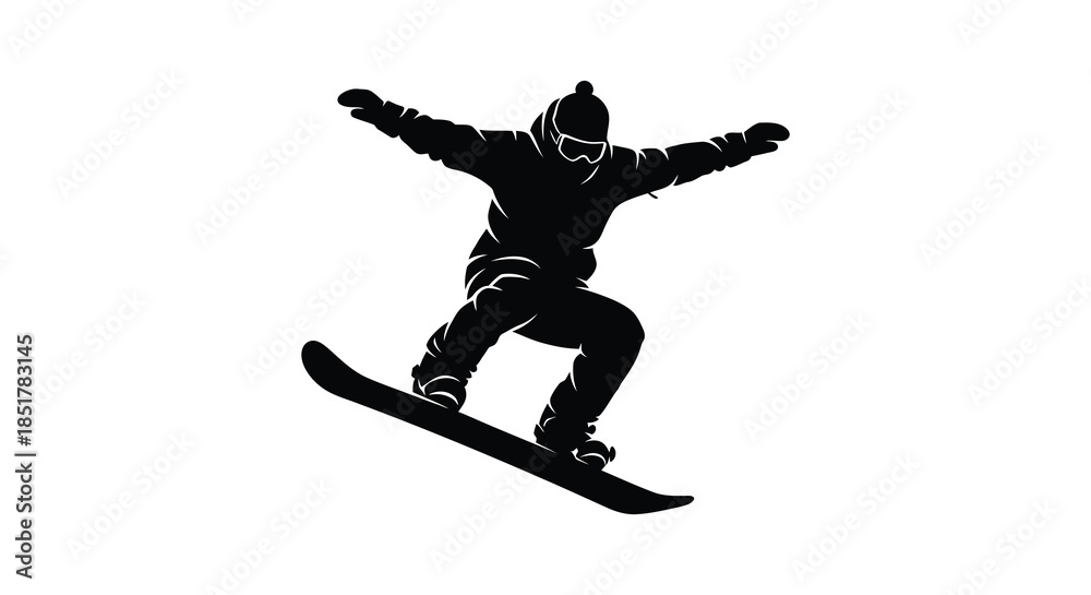 Fototapeta premium A dynamic snowboarder in mid air arms outstretched captured in a striking silhouette