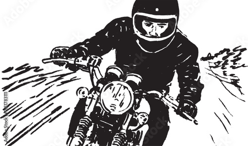 Motorcycle rider in black and white illustration. Dynamic movement and speed depicted in vector style, showcasing a vintage biker illustration.