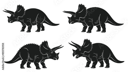 Four black silhouette illustrations of Triceratops dinosaurs on a white background.