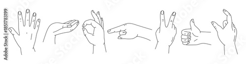 A set of linear hands in different gestures. Showing signals. Silhouettes of hands in various situations for infographic, web, presentation. Vector illustration isolated, editable stroke