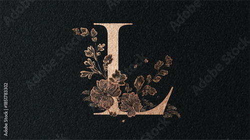 golden letter L with flowers and leaves on textured surface
