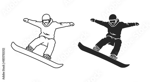 Two snowboarders in dynamic poses showcasing winter sports action a striking silhouette