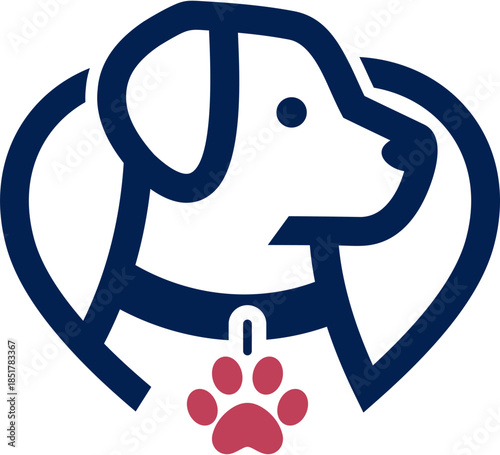 Stylized head Dog Illustration,blue Outline and pawprint red color	
