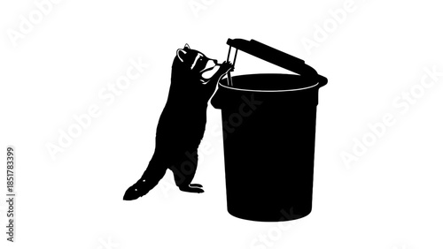 Silhouette of a raccoon opening a trash can lid on a white background.