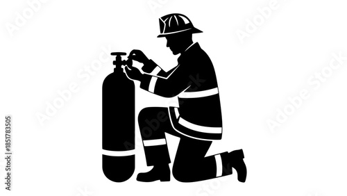 Firefighter in uniform checks a gas cylinder with gloved hands.