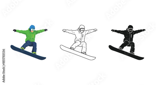 Snowboarding figure in three styles color outline and a striking black silhouette