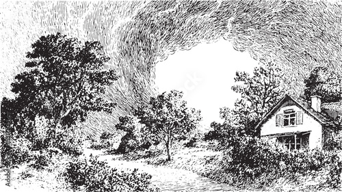 House surrounded by trees under a black and white sky. This vector illustration captures a serene outdoor scene in a detailed rural landscape set.
