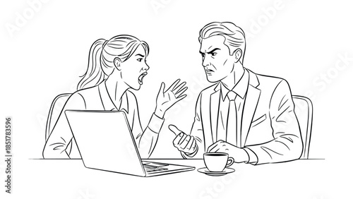 Two people arguing intensely over a laptop with a cup of coffee nearby.