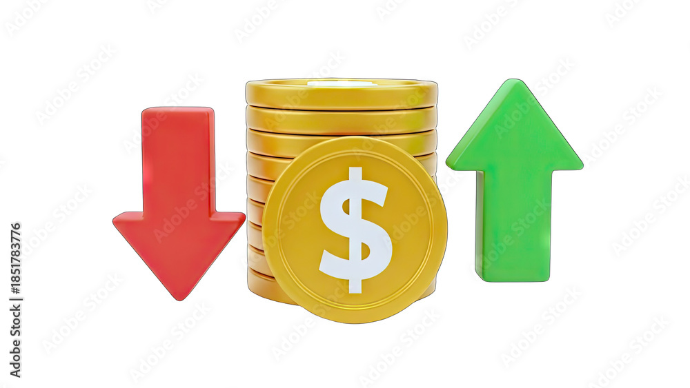Obraz premium Dollar Coin Stack with Arrows: Financial Growth & Decline