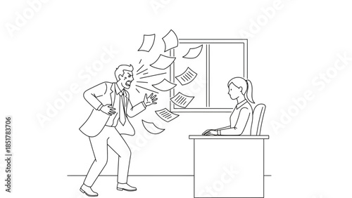 Angry businessman yells and throws papers at colleague in office