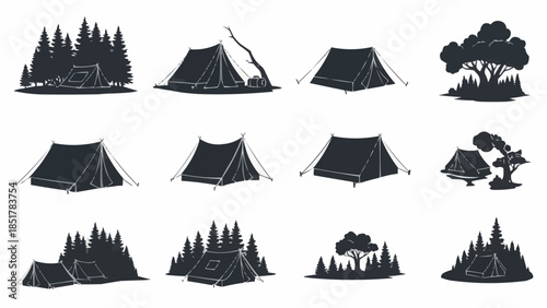 Collection of Camping Tents and Forest Scenes.