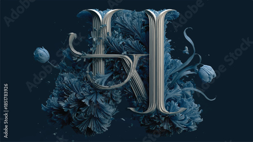 Large silver letter M with blue flowers and leaves on dark background