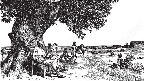 Tree with people seated in a tranquil outdoor landscape. Vintage vector illustration capturing a rural community scene in nature.