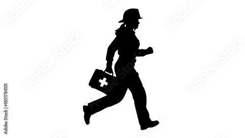 Silhouette of a person running with a first aid kit.