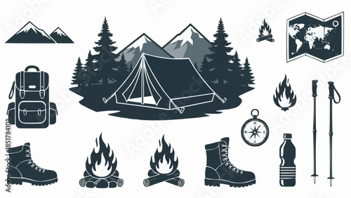 Camping and Hiking Adventure Gear Collection.