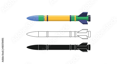 Colorful missile design with its black and white versions a striking silhouette