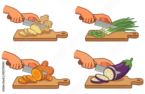 Hands Cutting Ginger, Spring Onions, Turmeric, and Eggplant on Wooden Board Vector Illustration Set