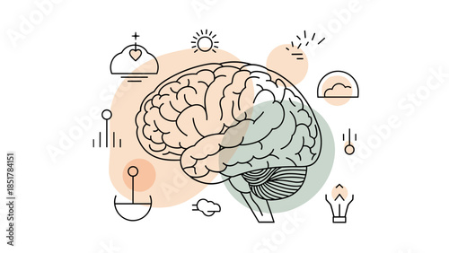 A conceptual illustration of a human brain with icons representing various cognitive functions and ideas
