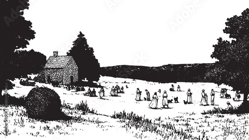 Farmhouse in a simple black and white vector illustration. People are engaged in activities in the field, surrounded by trees and a pastoral landscape set.
