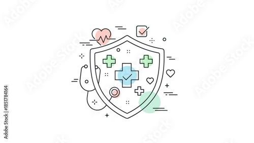 Modern line art concept illustrating comprehensive health insurance and medical protection services, symbolizing wellness, security, and healthcare coverage for peace of mind