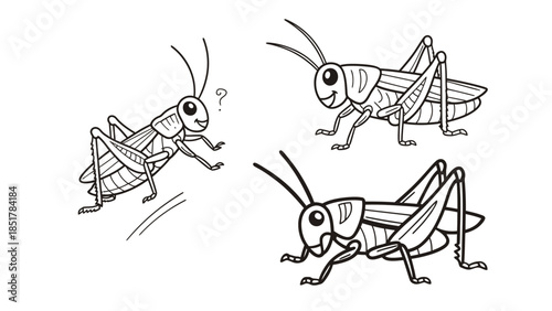 Three cartoon grasshoppers are shown in different poses and expressions.