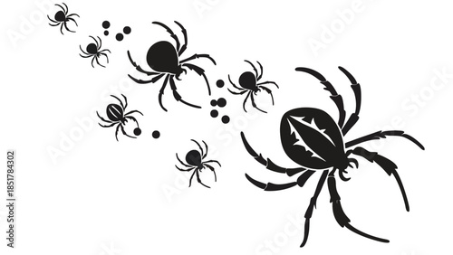A large spider leads a group of smaller spiders across a white background.