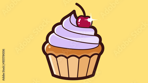 A cartoon cupcake with purple frosting and a cherry on top, set against a yellow background.