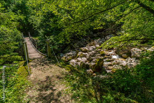 Wooden bridge over mossy riverbank leading to hidden Sunik Waterfalls in Slovenias Soca Valley