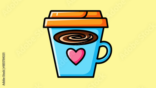 Cartoon illustration of a blue coffee cup with a heart and an orange lid on a yellow background.