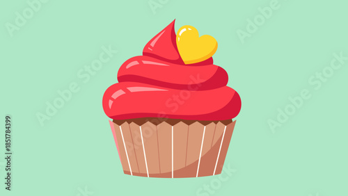 A cupcake with red frosting and a yellow heart on top, set against a light green background.