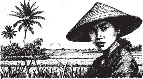 Woman farmer in a rice field with palm trees. Black and white vector illustration captures rural nature and traditional lifestyle, simple and detailed.