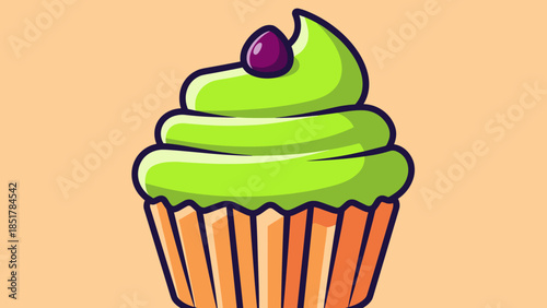 Cartoon cupcake with green frosting and a purple berry on top, set against a peach background.