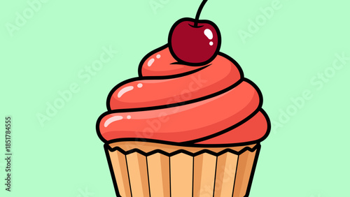A cartoon cupcake with pink frosting and a cherry on top, set against a light green background.
