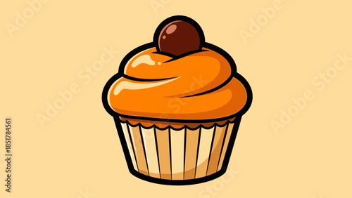 Illustration of a cupcake with orange frosting and a cherry on top.