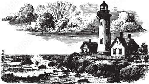 Lighthouse with fireworks above a rocky coast. Vintage engraving illustration showcasing a scenic ocean view. Vector artwork set.