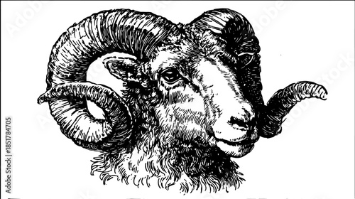 Vintage engraving of a sheep's head with detailed outline and textures. This black-and-white vector illustration captures classic ram features.