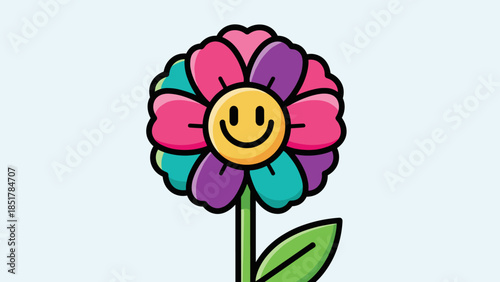 A colorful flower with a smiley face center and a green stem and leaf on a light blue background.